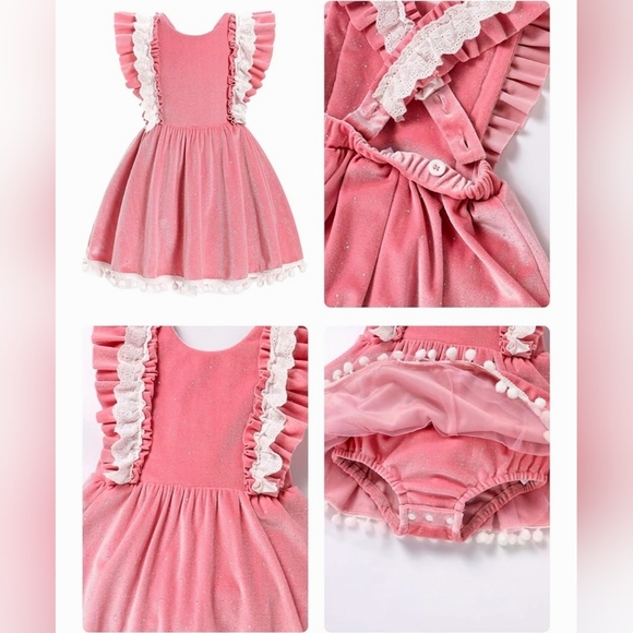 IMEKIS - Pink Velvet Pom Pom Baby Romper Dress - Picture 3 of 5